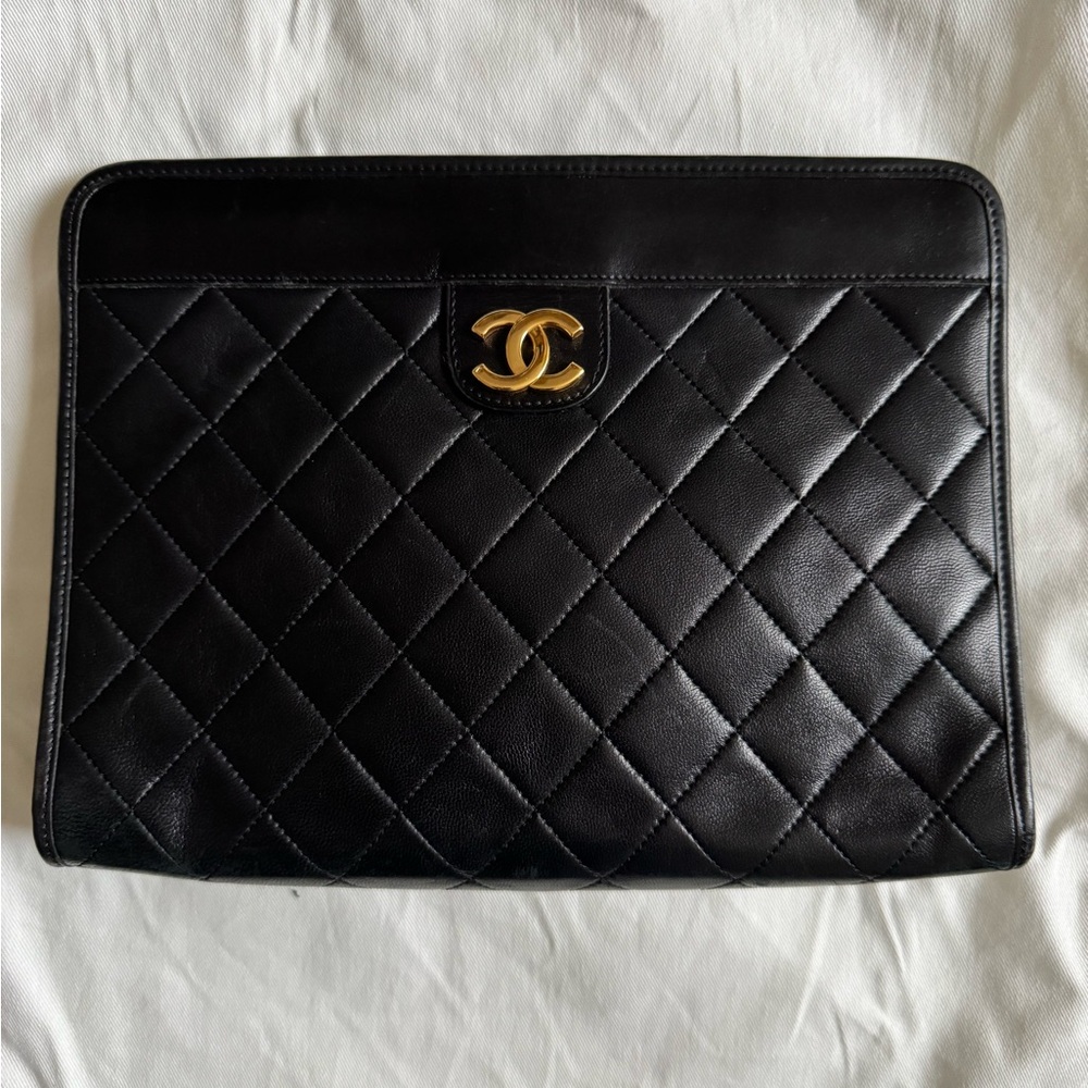 Vintage Chanel Black Quilted Lambskin Clutch with Gold CC Logo